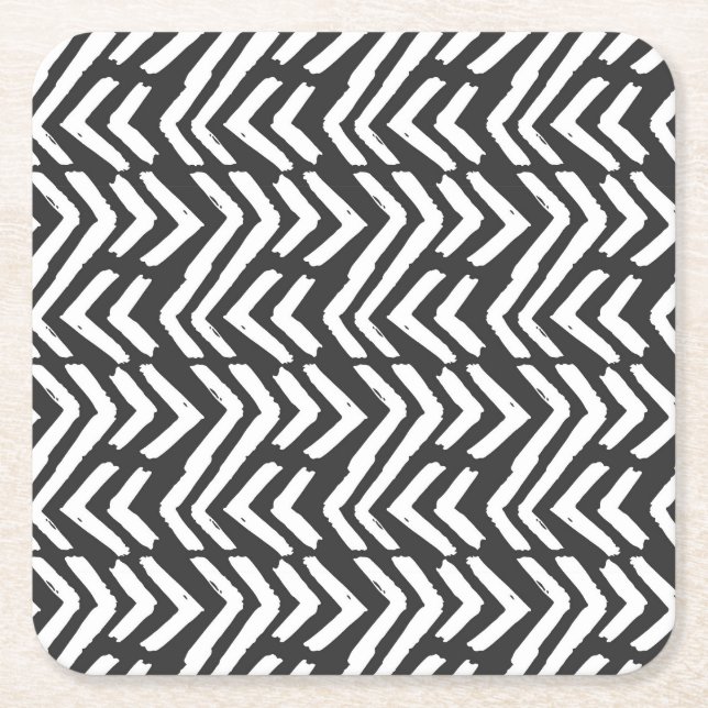 Black Hand Drawn Chevron Pattern Square Paper Coaster (Front)