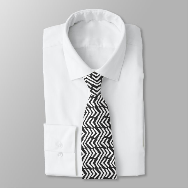 Black Hand Drawn Chevron Pattern Tie (Tied)