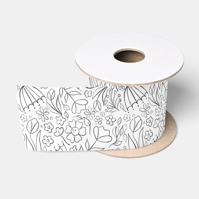Black hand drawn doodle flowers satin ribbon (Spool)