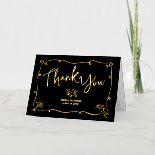 Black Hand Drawn Doodle Style Graduation Real Gold Foil Greeting Card