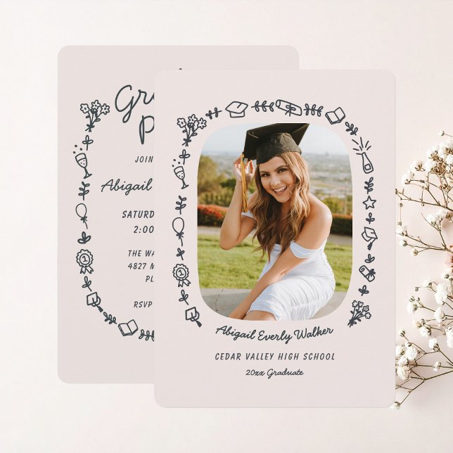 Black Hand Drawn Doodles Photo Grad Invitation (Hand drawn doodle grad icons invitation and announcement )