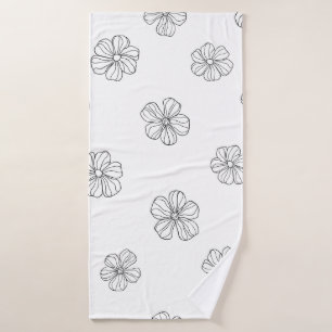 Black hand drawn flowers on white background. Seam Bath Towel