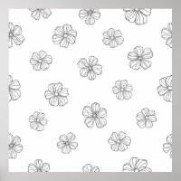 Black hand drawn flowers on white background. Seam