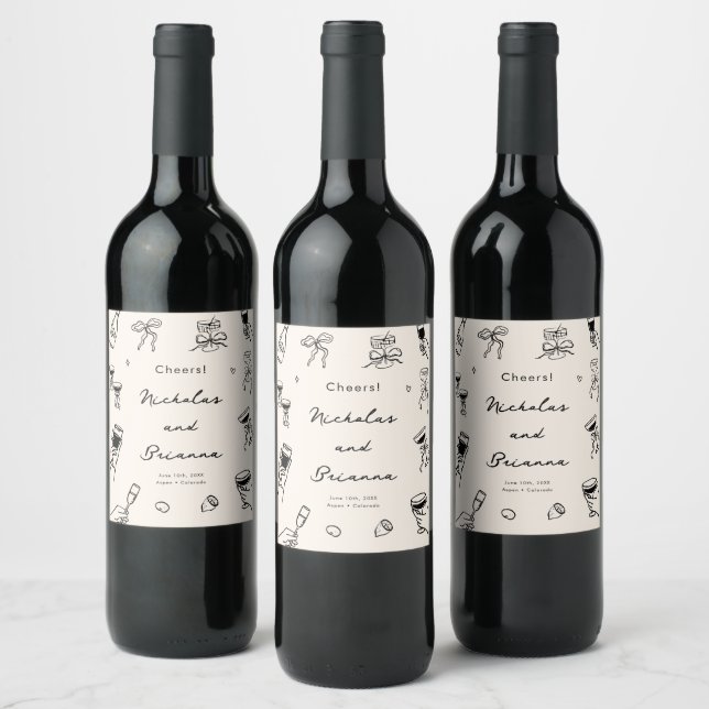 Black Hand Drawn Quirky Wedding Wine Label (Bottles)