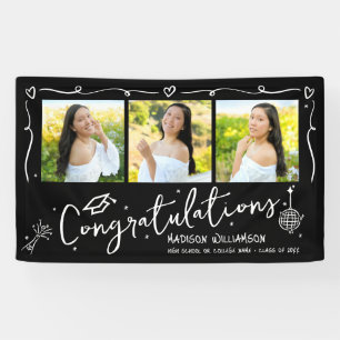 Black Hand Drawn Style Doodles Graduation 3 Photo Banner
