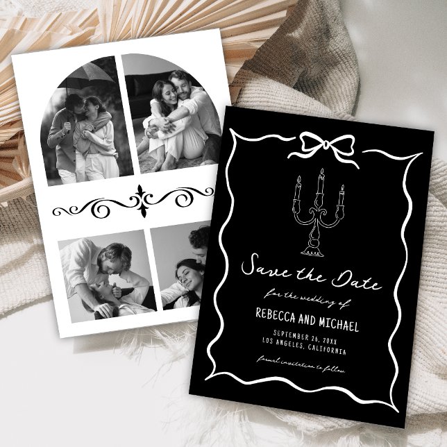 Black Hand Drawn White Bow Photo Wedding Save The Date (Creator Uploaded)