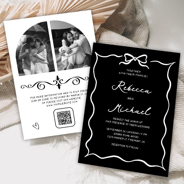 Black Hand Drawn White Bow QR Code Photo Wedding Invitation (Creator Uploaded)