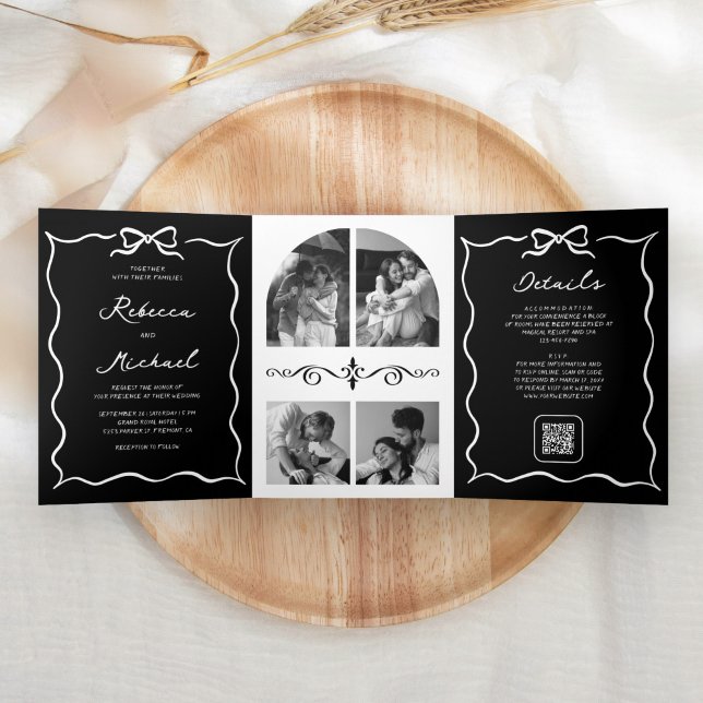 Black Hand Drawn White Bow QR Code Photo Wedding Tri-Fold Invitation (Creator Uploaded)