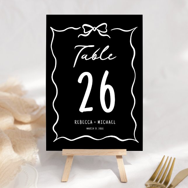 Black Hand Drawn White Bow Wedding Table Number (Creator Uploaded)