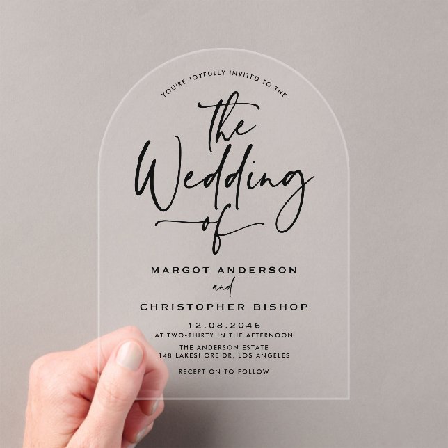 Black Hand Lettered Calligraphy Wedding Acrylic Invitations (Insitu (Handheld))