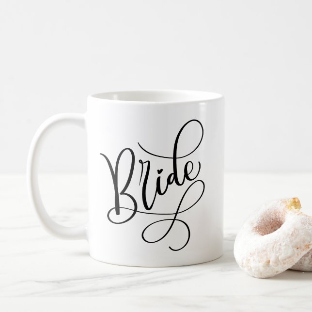 Black Hand Lettered Script Bride Personalised Mug (With Donut)