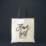 Black Hand Lettering Flower Girl Personalised Tote Bag<br><div class="desc">Customisable flower girl tote bag. Modern and classic tote bag featuring black "flower girl" hand lettering script. Personalise by adding the receiver's name,  the hashtag of the wedding or other details. Perfect as a gift for your wedding party or bridal party.</div>