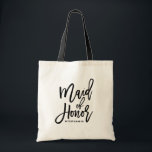 Black Hand Lettering Maid of Honour Custom Tote Ba<br><div class="desc">Modern and classic tote bag featuring black MAID OF HONOR hand lettering script. Personalise by adding the receivers name or the hashtag of the wedding. Perfect as a gift for your wedding party or bridal party.</div>