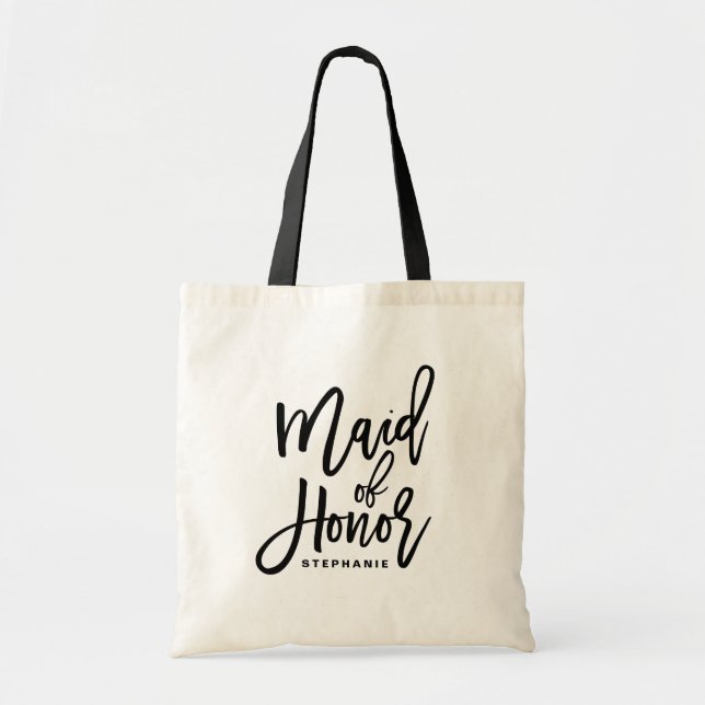 Black Hand Lettering Maid of Honour Custom Tote Ba (Front)