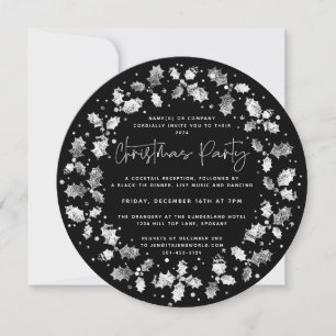 Black Hand Printed Holly+Berries Christmas Party Invitation