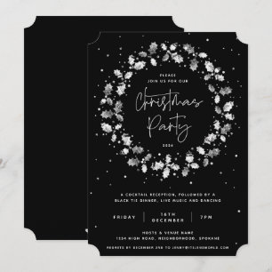 Black Hand Printed Holly Wreath Christmas Party Invitation