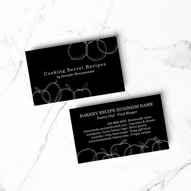 Black handmade fruit sketch bakery recipe business card (bakery business  chef)