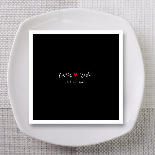 Black Handwritten Names Red Heart Wedding Napkin