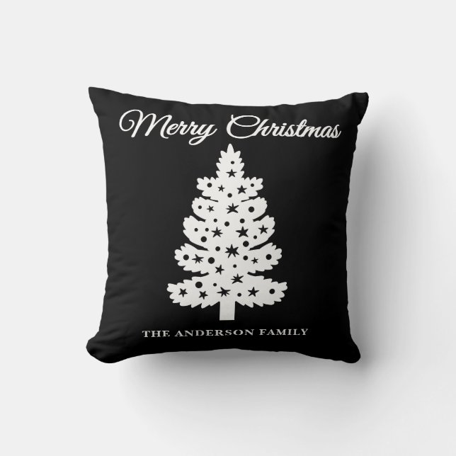 Black Handwritten Script Christmas Tree Cushion (Front)