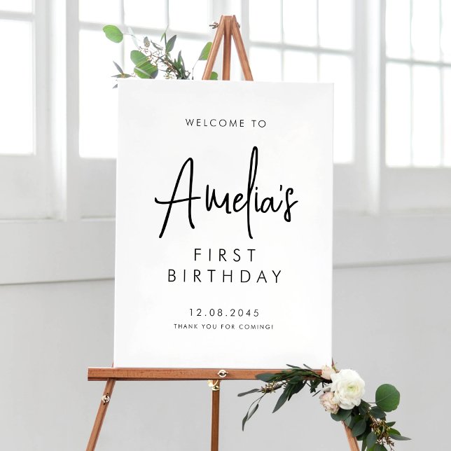 Black Handwritten Script First Birthday Welcome Poster (Creator Uploaded)