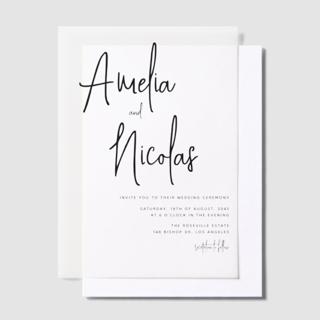 Black Handwritten Script Minimalist Wedding Vellum Invitations (Offset)