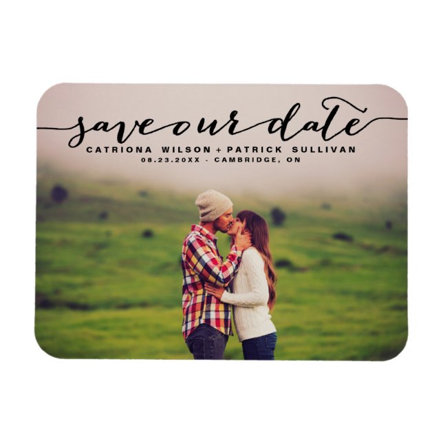 Black Handwritten Script Photo Save Our Date Magnet (Horizontal)