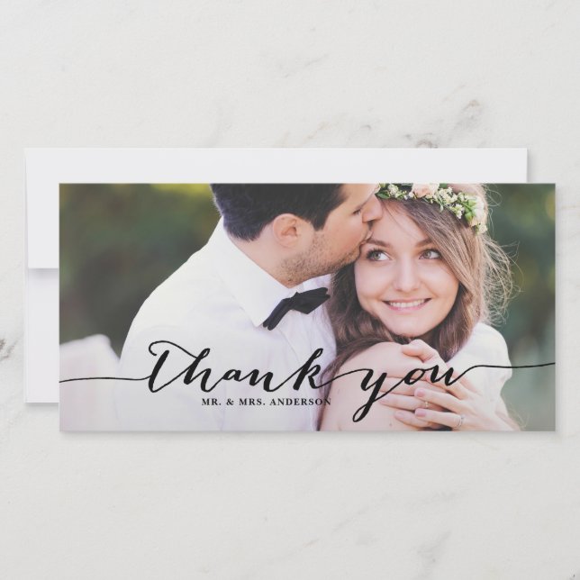 Black Handwritten Script Wedding Thank You Photo Card (Front)