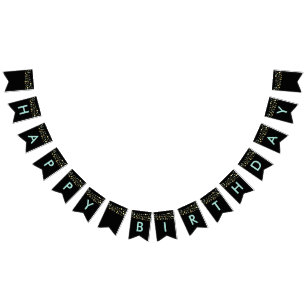 black Happy birthday bunting flags, lights glitter