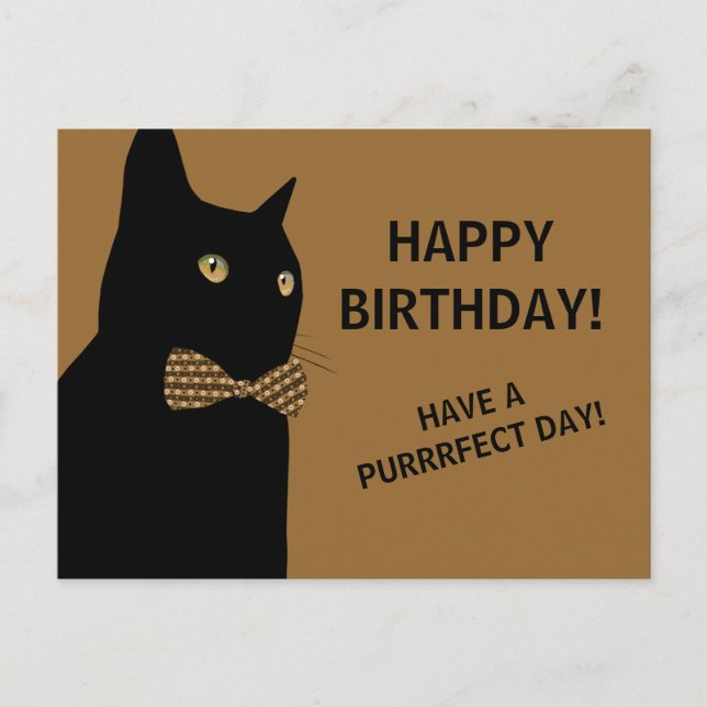 Black Happy Birthday Cat with a Brown Bow Tie Postcard (Front)