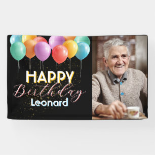 Black Happy Birthday Custom Name Colorful Balloons Banner