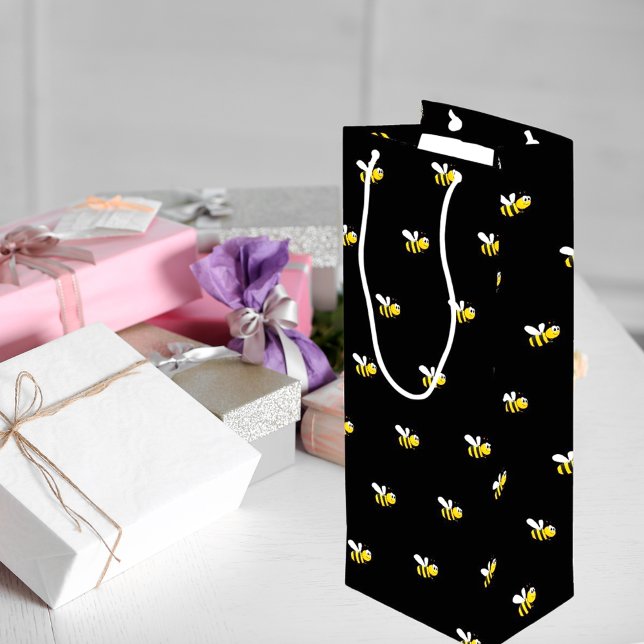 Black happy bumble bees cute fun wine gift bag (Creator Uploaded)