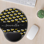 Black happy bumble bees fun humour monogram script gel mouse pad<br><div class="desc">Decorated with happy, smiling yellow and black bumble bees. A chic black background. Personalise and add a name. The name is written with a modern hand lettered stylie script with swashes. To keep the swashes only delete the sample name, leave the spaces or emoji's in front and after the name....</div>