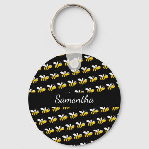 Black happy bumble bees monogram name key ring