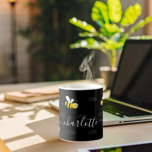Black happy bumble bees summer fun humour monogram coffee mug