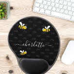 Black happy bumble bees summer fun humour monogram gel mouse pad<br><div class="desc">Decorated with happy, smiling yellow and black bumble bees. A chic black background. Personalise and add a name and your monogram, initials. The monogram in grey as a pattern in the background. The name is written in white with a modern hand lettered stylie script with swashes. To keep the swashes...</div>