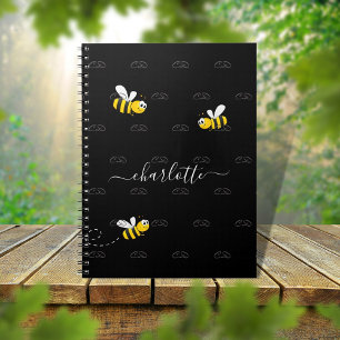 Black happy bumble bees summer fun humour monogram notebook