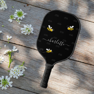 Black happy bumble bees summer fun humour monogram pickleball paddle