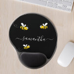 Black happy bumble bees summer fun humour name gel mouse pad<br><div class="desc">Decorated with happy,  smiling yellow and black  bumblebees. A chic black background. Personalise and add a name. The name is written with a modern hand lettered stylie script with swashes. To keep the swashes only delete the sample name,  leave the spaces or emoji's in front and after the name.</div>