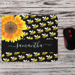Black happy bumble bees sunflower monogram script mouse pad<br><div class="desc">Decorated with happy, smiling yellow and black bumble bees and a large watercolored sunflower. A chic black background. Personalise and add a name. The name is written with a modern hand lettered stylie script with swashes. To keep the swashes only delete the sample name, leave the spaces or emoji's in...</div>