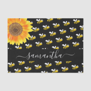Black happy bumble bees sunflower monogram script tissue paper