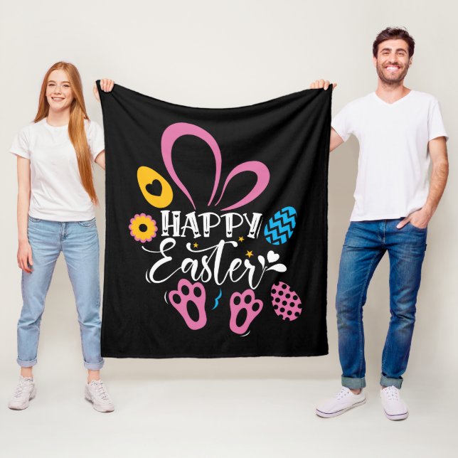 Black Happy Easter Cute Bunny Easter Eggs Hunt Fleece Blanket (In Situ)