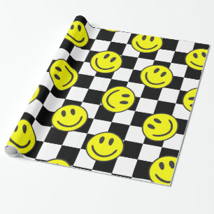 black happy face check groovy wrapping paper