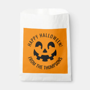 Black Happy Halloween Pumpkin Face Shape On Orange Favour Bags