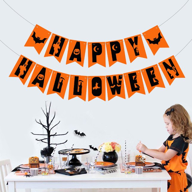 Black Happy Halloween Text Bat Orange Background Bunting (Creator Uploaded)