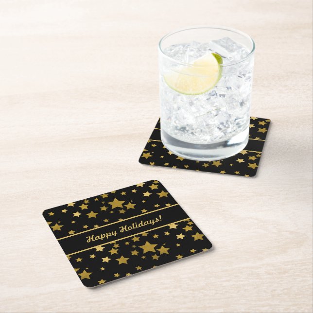 Black Happy Holidays Coaster with Golden Stars (Insitu)