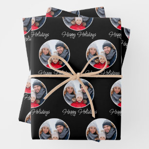 Black Happy Holidays Family Photo Christmas Wrapping Paper Sheet