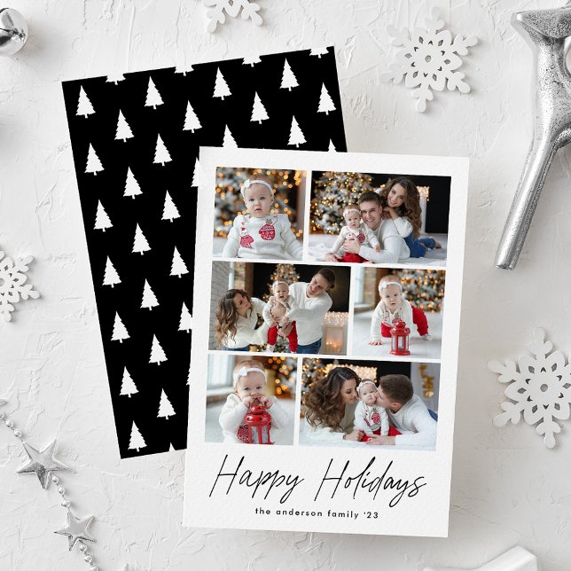 Black Happy Holidays Script 6 Photo Collage Holiday Card (Creator Uploaded)