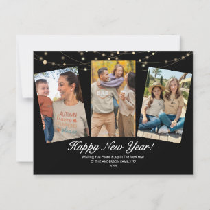 Black Happy New Year Lights Family Photo Card