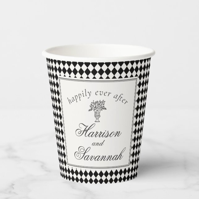 Black Harlequin Checkered Wedding Paper Cups (Front)