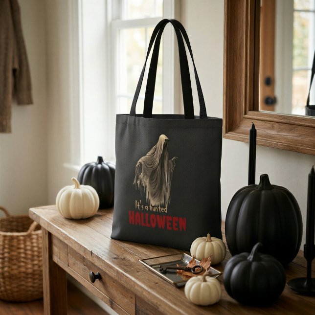 Black Haunted Halloween Ghost Black Tote Bag (Creator Uploaded)